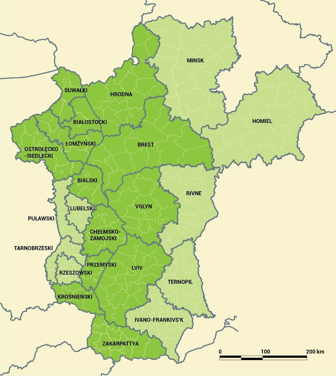 Regiony objęte wsparciem programu oznaczono na mapce kolorem zielonym.