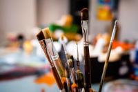 A set of brushes in an art workshop