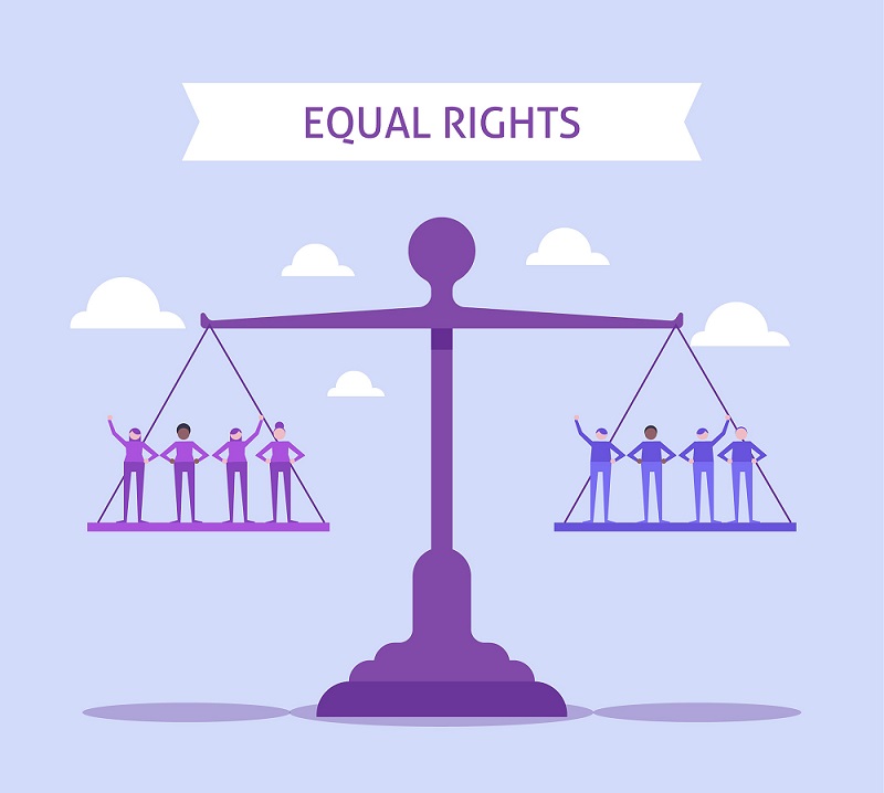 Grafika z napisem Equal rights przedstawia wagę ,na szalach której, na równym poziomie znajdują się różni ludzie