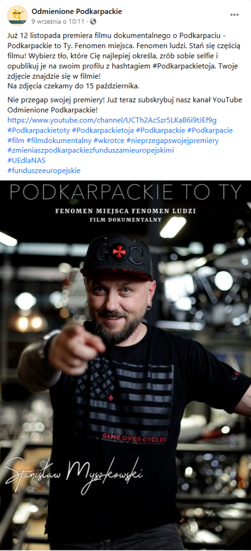 Print screen posta z Facebooka z bohaterem kampanii Stanisławem Myszkowskim