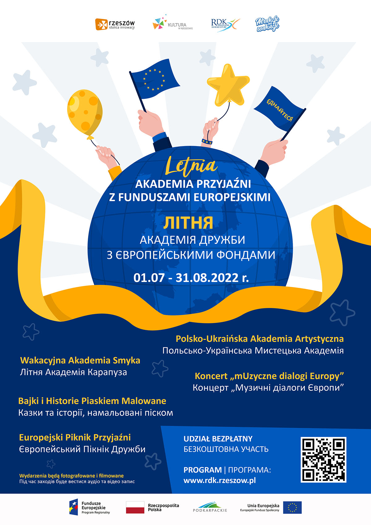 Plakat wydarzenia w kolorystyce biało-niebiesko-żółtej, opracowany w języku polskim i ukraińskim. Wszystkie treści zawarte na plakacie znajdują się w treści artykułu